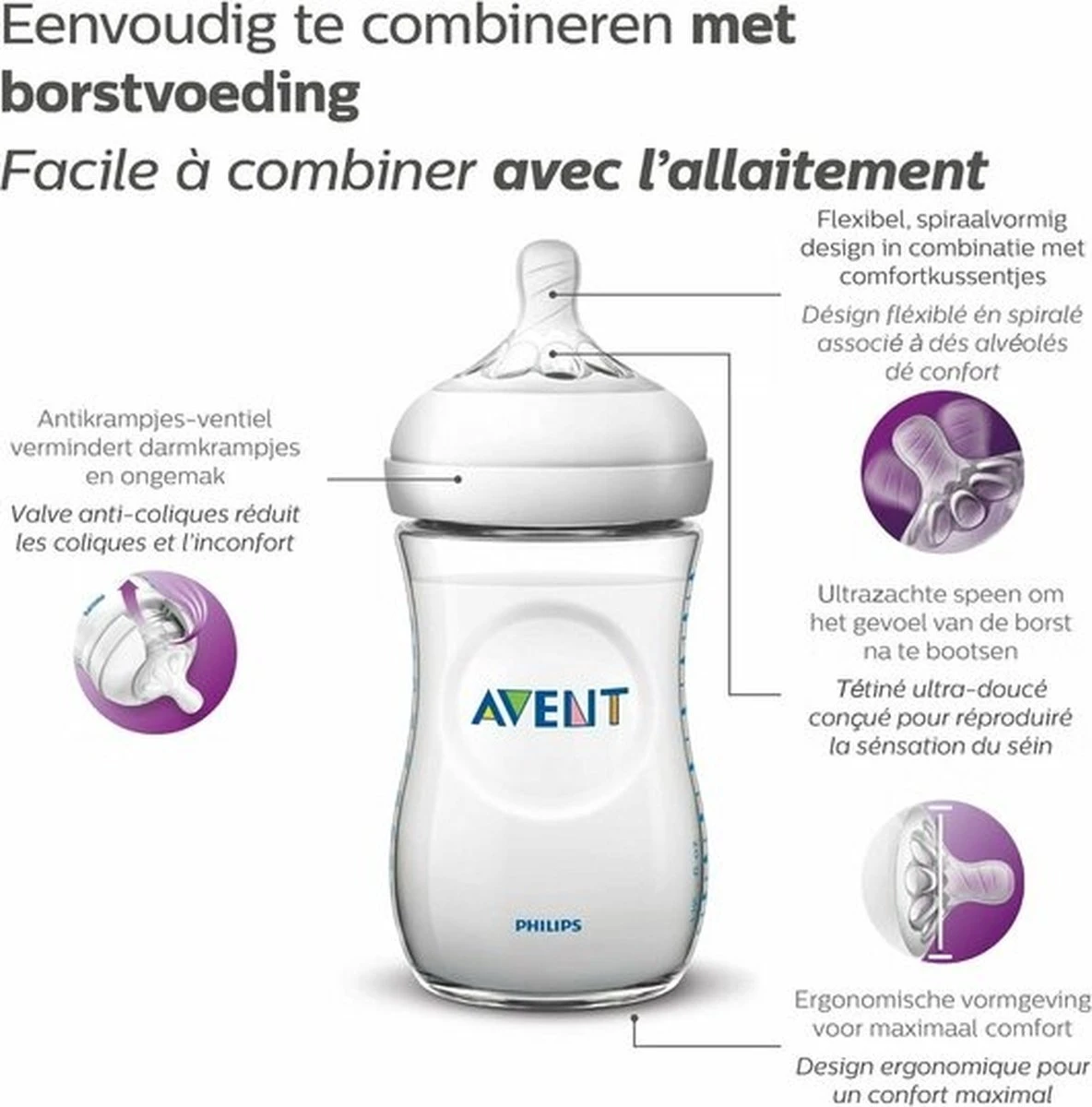 Philips Avent Natural Babyfles - SCF070/24 Babyfles (1m+) Voor Langzame Toevoer - 1x 2 Philips Avent Natural Babyfles - SCF070/24 Babyfles (1m+) Voor Langzame Toevoer - 1x - Afbeelding 2