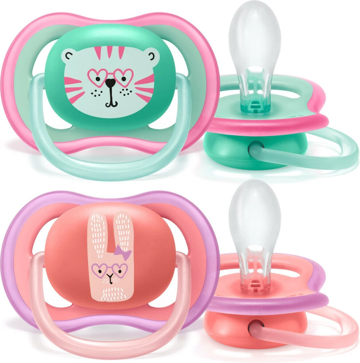 Philips Avent Ultra Air Fopspeen Roze/Groen Poes/konijn 18m+ 1 Philips Avent Ultra Air Fopspeen Roze/Groen Poes/konijn 18m+