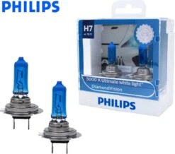 H7 55 Watt Philips Diamond Vision Lampen 12V – Helder Wit Licht 5000K – Xenon Look – LED Look – Meer Lichtopbrengst – Lange Levensduur – H7 55w Autolampen – Koplampen – Kleur Wit – H.O.D. Halogeen Origineel Philips Lampen – Xenon Gas –2 Stuks