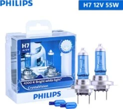 H7 55 Watt Philips Crystal Vision Lampen 12V – Wit Licht 4300K – Xenon Look – LED Look – Hoge Lichtopbrengst – Lange Levensduur – H7 55w Autolampen – Koplampen – Kleur Wit – H.O.D. Halogeen Origineel Philips Lampen – 2 Stuks – Gratis W5W Stadslichten