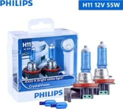 H11 55 Watt Philips Crystal Vision Lampen 12V – Wit Licht 4300K – Xenon Look – LED Look – Hoge Lichtopbrengst – Lange Levensduur – H11 55w Autolampen – Koplampen – Kleur Wit – H.O.D. Halogeen Origineel Philips Lampen – 2 Stuks – Gratis W5W Stadslicht