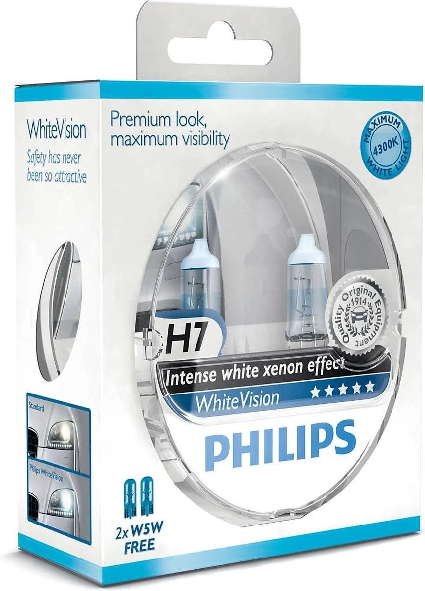 Philips White Vision H7 55W/12V Halogeen Lampen, Set à 2 Stuks