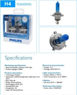 H4 55 Watt Philips Diamond Vision Lampen 12V – Helder Wit Licht 5000K – Xenon Look – LED Look – Meer Lichtopbrengst – Lange Levensduur – H4 55w Autolampen – Koplampen – Kleur Wit – H.O.D. Halogeen Origineel Philips Lampen – Xenon Gas – 2 Stuks -Philips 973x1200 1